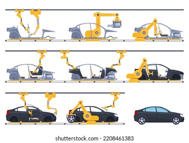 Automobile factory. Robotic intelligent conveyor for the production of cars. Vector illustration