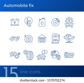 Automobile fix icons. Set of line icons. Petrol station, changing tyres, accumulator. Car repair concept. Vector illustration can be used for topics like car service, business, advertising