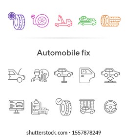 Automobile fix line icons. Set of line icons. Wheel, winter tyre, tools. Car repair concept. Vector illustration can be used for topics like car service, business, advertising