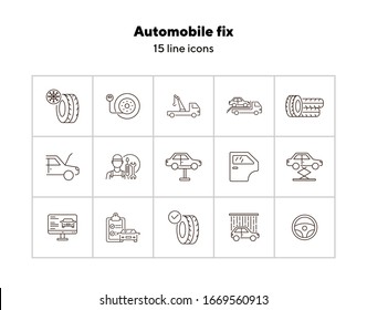 Automobile fix line icons. Set of line icons. Wheel, winter tyre, tools. Car repair concept. Vector illustration can be used for topics like car service, business, advertising