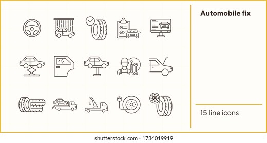 Automobile fix line icons. Set of line icons. Wheel, winter tyre, tools. Car repair concept. Vector illustration can be used for topics like car service, business, advertising