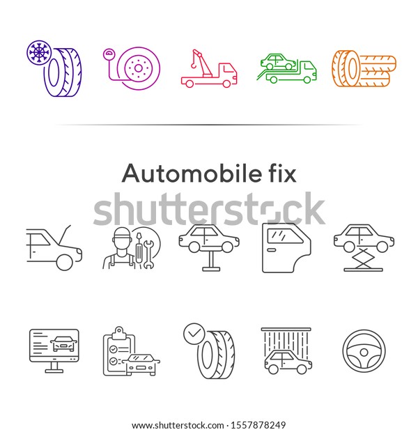 Automobile fix line icons.\
Set of line icons. Wheel, winter tyre, tools. Car repair concept.\
Vector illustration can be used for topics like car service,\
business,\
advertising