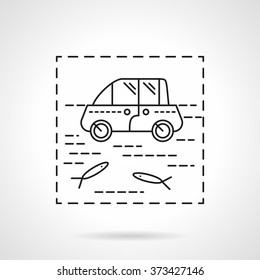 Automobile flooded in river or lake with abstract fishes. Car insurance concept. Car accident and disasters.  Vector icon flat thin line style. Element for web design, business, mobile app. 