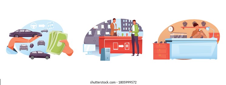 Automobile gadget and jewelry pawnshops flat composition with cars cash counters and human characters isolated vector illustration