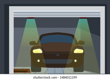 Automobile in garage flat vector illustration. Auto maintenance service, professional workshop. Car wash, cleaning. Transport repair station, diagnostic center. Residential house, townhouse