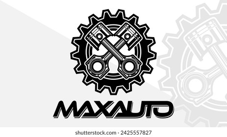 Automobile gear and pistons. Auto services, automobile parts shops, and auto garage logo.