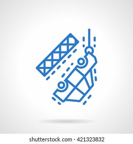 Automobile hanging on towing crane. Car service in accident or breakdown on the road. Blue line vector icon