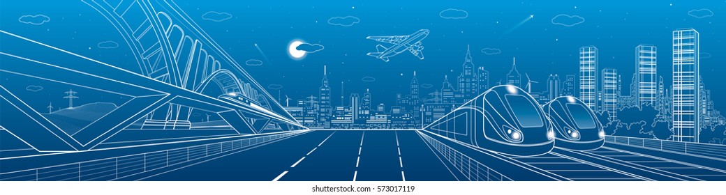 Automobile highway, infrastructure and transportation panorama, airplane fly, train move on the bridge, two locomotives in depot, night city, towers and skyscrapers, urban scene, vector design art