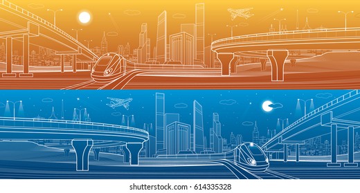 Automobile highway, infrastructure and transportation panorama, airplane fly, train move, night city, towers and skyscrapers, urban scene, vector design art