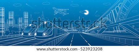 Automobile highway, infrastructure and transportation panorama, airplane fly, train move on the bridge, two locomotives in depot, night city, towers and skyscrapers, urban scene, vector design art