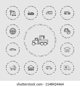 Automobile icon. collection of 13 automobile outline icons such as car, cargo truck, car music, garage, steering wheel, truck. editable automobile icons for web and mobile.