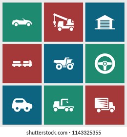 Automobile icon. collection of 9 automobile filled icons such as truck with luggage, toy car, truck with hook, garage, wheel. editable automobile icons for web and mobile.