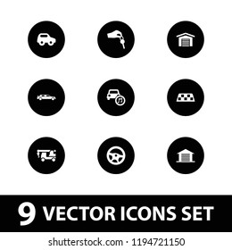 Automobile icon. collection of 9 automobile filled icons such as toy car, wheel, garage, hand with key, taxi, car, car music. editable automobile icons for web and mobile.