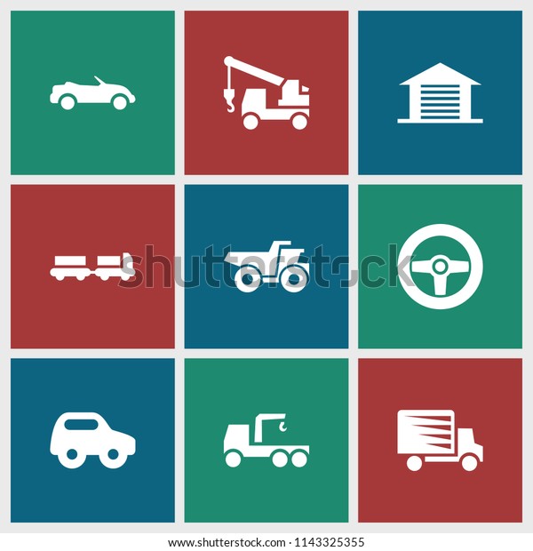 Automobile icon.
collection of 9 automobile filled icons such as truck with luggage,
toy car, truck with hook, garage, wheel. editable automobile icons
for web and mobile.