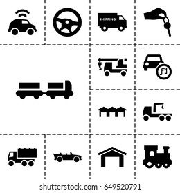 Automobile icon. set of 13 filled automobile icons such as truck with luggage, garage, train toy, truck, car music, cabriolet, hand with key, car