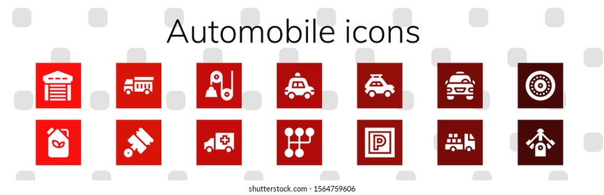 automobile icon set. 14 filled automobile icons.  Simple modern icons about  - Garage, Fuel, Garbage truck, Pistons, Pulley, Ambulance, Police car, Gearshift, Car, Parking, Taxi