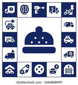 automobile icon set. 17 filled automobile icons. Included Delivery truck, Electric car, Van, Bonnet, Car, Ambulance, Garage, Pedal, Timing belt, Wheel pressure, Wheel, Truck icons