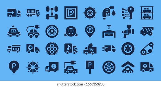 automobile icon set. 32 filled automobile icons. Included Lorry, Police car, Garbage truck, Parking, Truck, Electric car, Ambulance, Steering wheel, Chassis, Wheel, Delivery truck icons
