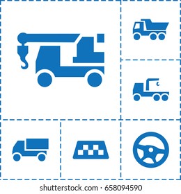 Automobile icon. set of 6 automobile filled icons such as taxi, truck, truck with hook