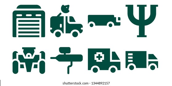 automobile icon set. 8 filled automobile icons.  Collection Of - Race car, Garage, Airbrush, Van, Ambulance, Cargo truck, Truck, Psi