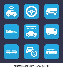 Automobile icon. set of 9 filled automobile icons such as truck with luggage, car wash, truck, car music