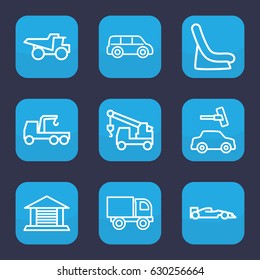 Automobile icon. set of 9 outline automobile icons such as baby seat in car, car wash, truck with hook, truck