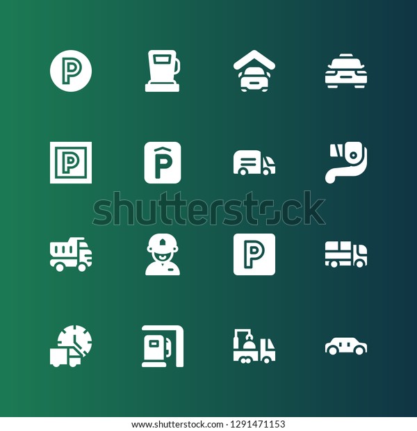 automobile icon set. Collection of 16\
filled automobile icons included Limousine, Truck, Gas station,\
Delivery truck, Parking, Driver, Lever, Taxi,\
Garage