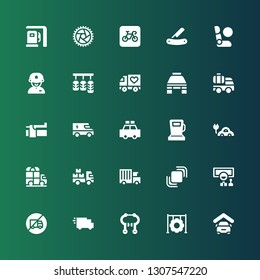 automobile icon set. Collection of 25 filled automobile icons included Garage, Tire, Brake, Delivery truck, No trucks, Wheel, Hidrive, Truck, Electric car, Gas station, Police car