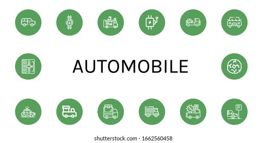 automobile icon set. Collection of Suv, Gauge, Ice cream truck, Lever, Cargo truck, Car, Police car, Delivery truck, Parking, Shift stick, Wheel icons