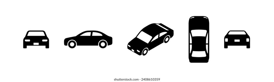 Automobile icon set. Front, side, top, back and isometric views. Solid style black color icons.