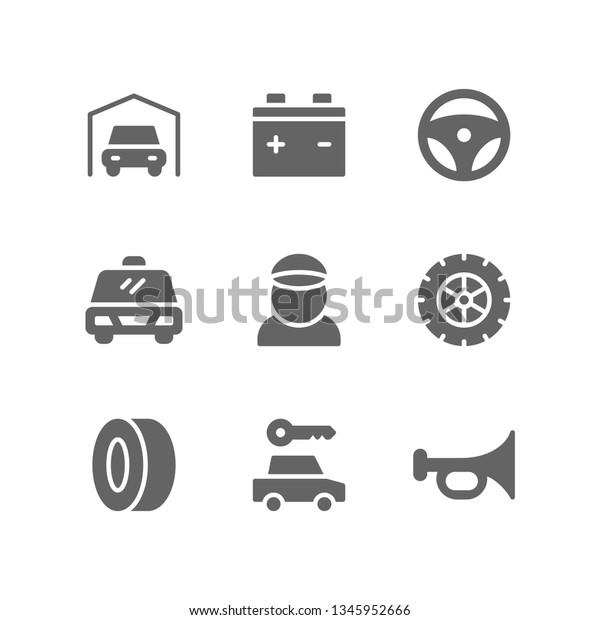 Automobile icon set including\
garage, battery, steering wheel, taxi, driver, tire, car, rent,\
horn