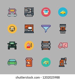 automobile icon set. vector set about steering wheel, gas station, jam and bus icons set.