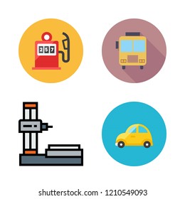 automobile icon set. vector set about industrial robot, school bus, car and gas station icons set.