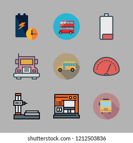 automobile icon set. vector set about speedometer, industrial robot, bus and battery icons set.