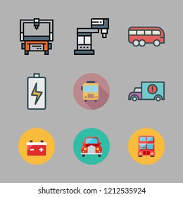 automobile icon set. vector set about school bus, battery, bus and industrial robot icons set.