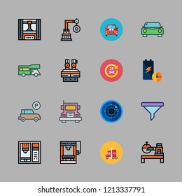 automobile icon set. vector set about parking, trailer, truck and industrial robot icons set.