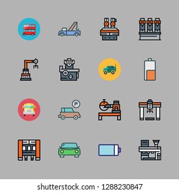 automobile icon set. vector set about crane, bus, school bus and battery icons set.