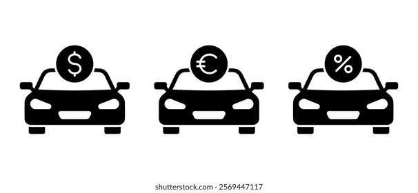 Conjunto de vetores de ícone de automóvel. Símbolo do carro. Euro dólar e sinal de porcentagem