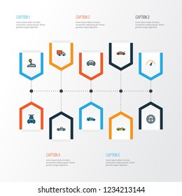 Automobile icons colored line set with speedometer, steering wheel, hood and other automobile elements. Isolated vector illustration automobile icons.