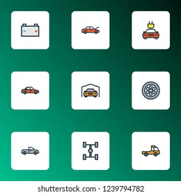 Automobile icons colored line set with sedan, battery, wheelbase and other electric  elements. Isolated vector illustration automobile icons.