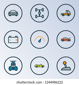 Automobile icons colored line set with speedometer, prime-mover, wheelbase and other automobile elements. Isolated vector illustration automobile icons.