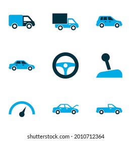 Automobile icons colored set with car, chronometer, carriage and other sedan elements. Isolated vector illustration automobile icons.