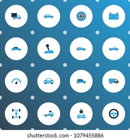 Automobile icons colored set with chronometer, crossover, stick and other gear lever elements. Isolated vector illustration automobile icons.