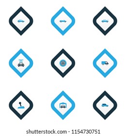 Automobile icons colored set with convertible model, repairing, truck and other crossover elements. Isolated vector illustration automobile icons.