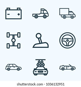 Automobile icons line style set with steering wheel, prime-mover, wheelbase and other truck  elements. Isolated vector illustration automobile icons.