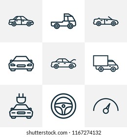 Automobile icons line style set with cabriolet, hood, truck and other lorry elements. Isolated vector illustration automobile icons.