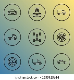 Automobile icons line style set with truck, van, prime-mover and other truck  elements. Isolated vector illustration automobile icons.
