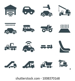 Automobile icons. set of 16 editable filled automobile icons such as truck with luggage, truck crane, toy car, baby seat in car, car wash
