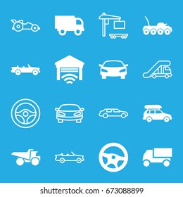 Automobile icons set. set of 16 automobile filled and outline icons such as truck, car, garage, military car, truck crane, cargo truck, steering wheel