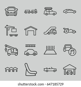 Automobile icons set. set of 16 automobile outline icons such as truck with luggage, truck crane, garage, baby seat in car, car